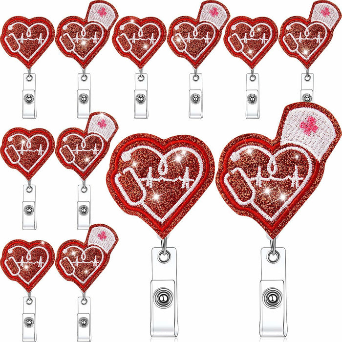 Skyygemm 12 Pcs Nurse Badge Reels Felt Heart Red Retractable Alligator Clip by Deal US