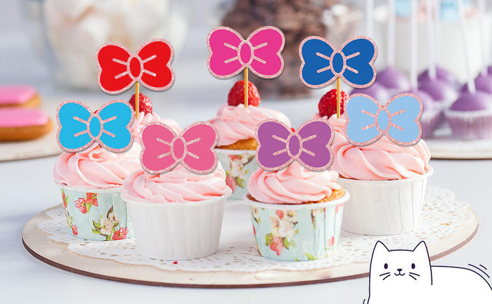 Hokinaa Kawaii Bow Cupcake Toppers 24 Pcs Cute Kitten Multi Colors by Deal US