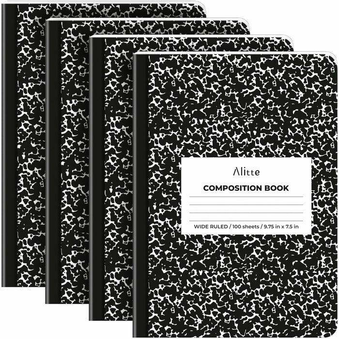 [Like New] Alitte Composition Notebooks 4-Pack Wide Ruled 9.75x7.5 Black Marble by Deal US