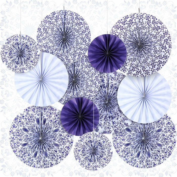 Wonderjune Chinoiserie Hanging Paper Fans Blue White 12 Pcs Party Decor by Deal US