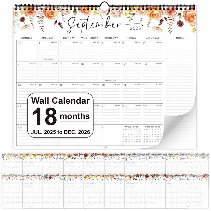 36AQUA Floral Wall Calendar 2025-2026 11x14" 18-Month Thick Paper by Deal US