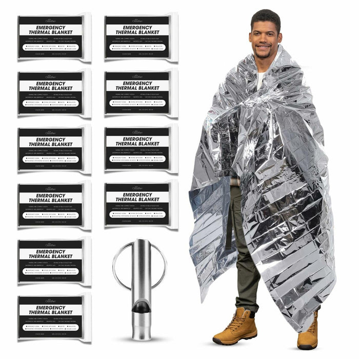 CloudTen Emergency Blanket Bundle 10 Tear Resistant Mylar Blankets Whistle by Deal US