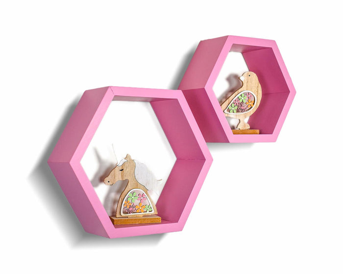 Wandars Hexagon Honeycomb Shelves Set of 2 Pine Wood Rose Quartz 11x11x9.5 by Deal US