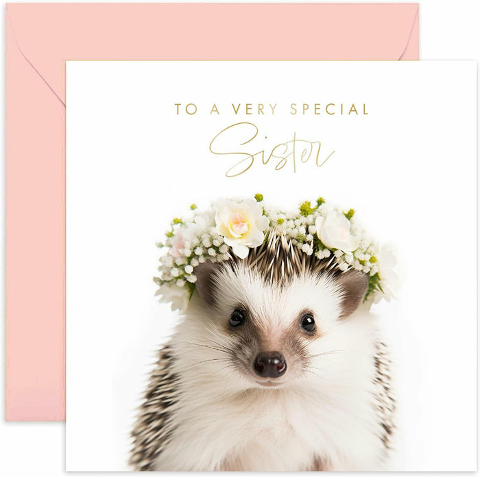 Old English Co. Hedgehog Sister Birthday Card Floral Gold Blank Envelope by Deal US
