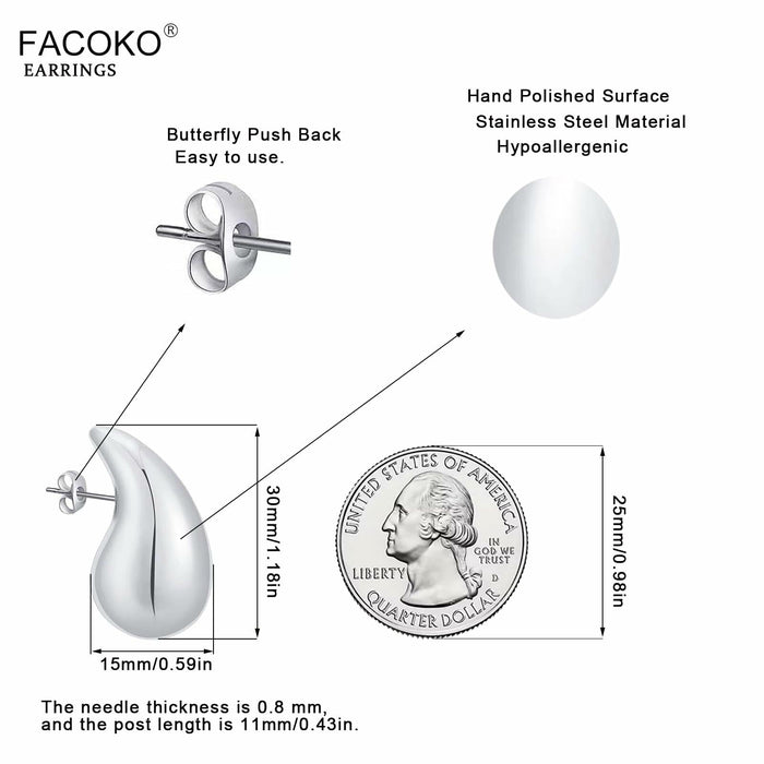 FACOKO Sterling Silver Chunky Teardrop Hoop Earrings Hypoallergenic Silver by Deal US