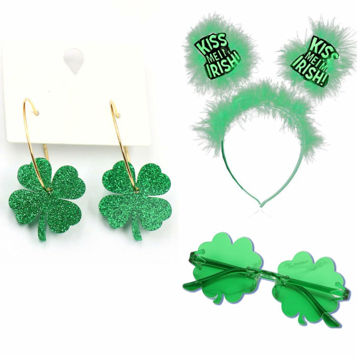 YYKITCHEN St Patrick's Day Shamrock Sunglasses Headband Earrings Green Acrylic by Deal US