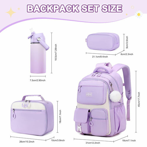 Scothen 4pcs Girls School Backpack Set Lunch Bag & Bottle Back to School by Deal US