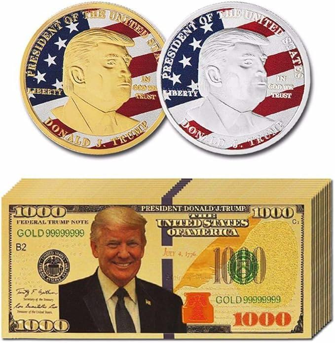 Donald Trump 2018 Gold Foil $1000 Bill 10pcs + 24k Gold Coins 2pcs Gold/Silver by Deal US