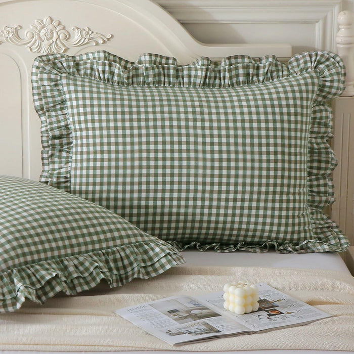 Aryeleay 2 Pack Sage Green White Plaid Ruffle Pillow Shams Cotton 20x20 by Deal US