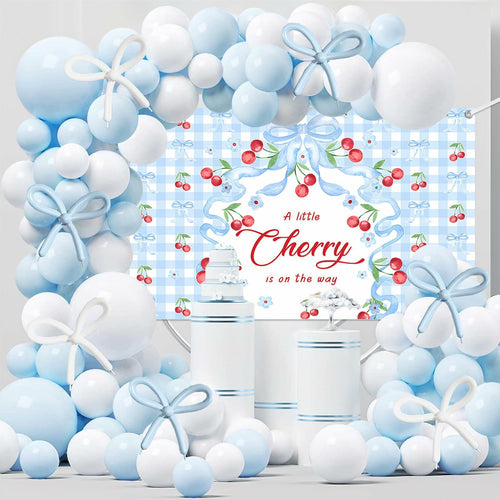 MEHOFOND Blue Cherry Bow Baby Shower Decor Banner Backdrop Balloon Set by Deal US