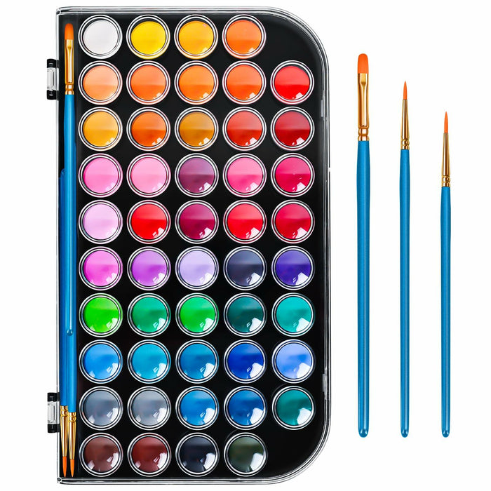 48 Color Solid Watercolor Paint Set with 3 Brushes for Kids & Artists by Deal US