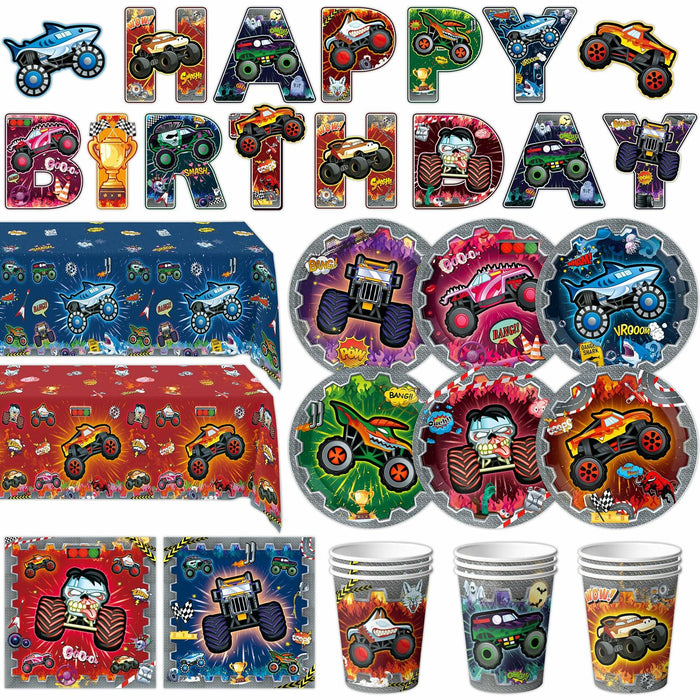 [Like New] VIZOZEN Truck Birthday Party Supplies Tablecloth Banner Plates Napkins Cups by Deal US