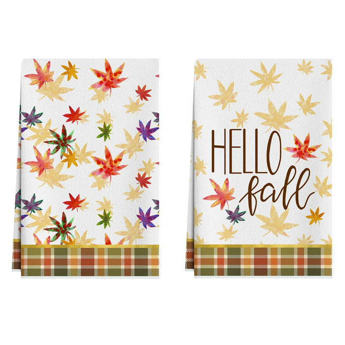 XCHI Hello Fall Watercolor Maple Leaves Plaid Dish Towels 18x26 Set of 2 by Deal US