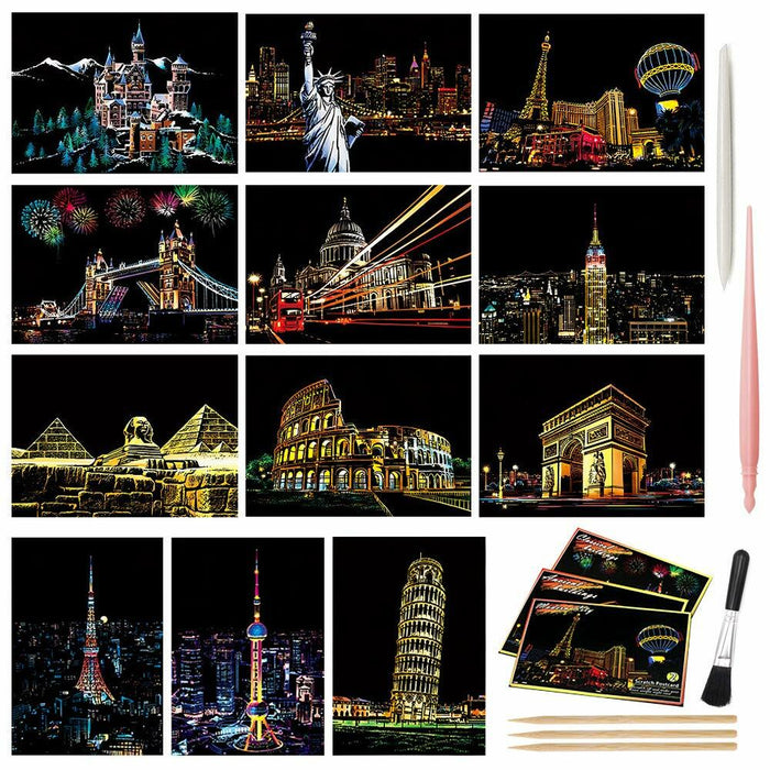 MIASTAR Scratch Art Paper Rainbow Night View Building Series 7.9x5.5 12 Sheets by Deal US