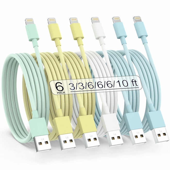 SISXSO 6Pack Apple MFi Lightning Cable Fast Charging Multicolor 3/3/6/6/6/10FT by Deal US