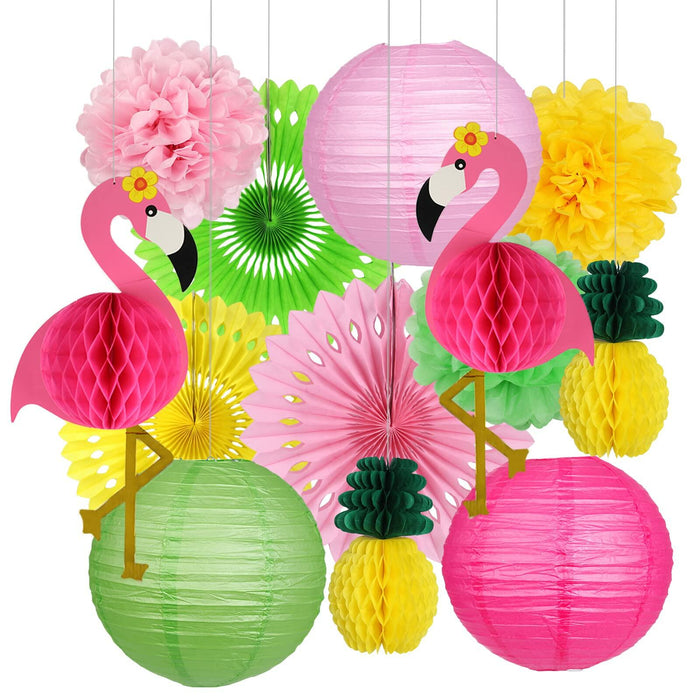 YUNXUAN Flamingo Pineapple Party Decorations Paper Lanterns Fans Pom Poms by Deal US