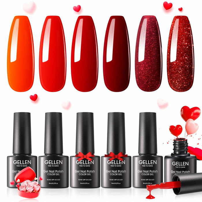 GELLEN Gel Nail Polish Set 6 Colors Burgundy Red Glitter Crimson Celebration by Deal US