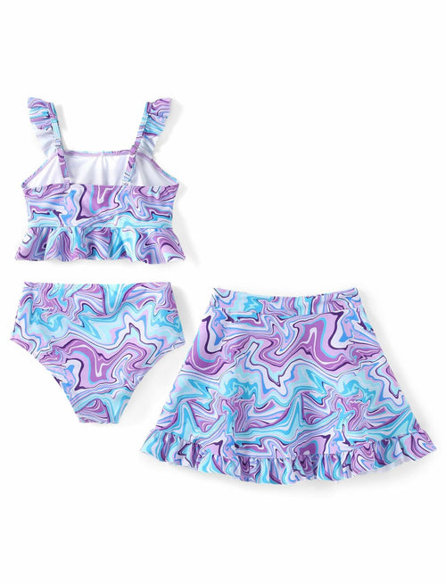 PATPAT Girls 3pcs Swimsuit Set Floral Bikini w/ Cover Up Skirt 7-8Y Blue by Deal US