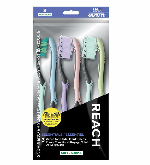 Reach Essentials Toothbrush Soft Bristles Contoured Handle Tongue Scraper 6Count by Deal US