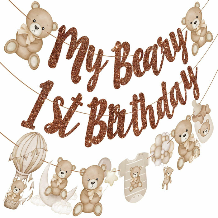 CANDY CHEF My Beary 1st Birthday Banner Set 3Pcs Brown Glitter Animals by Deal US