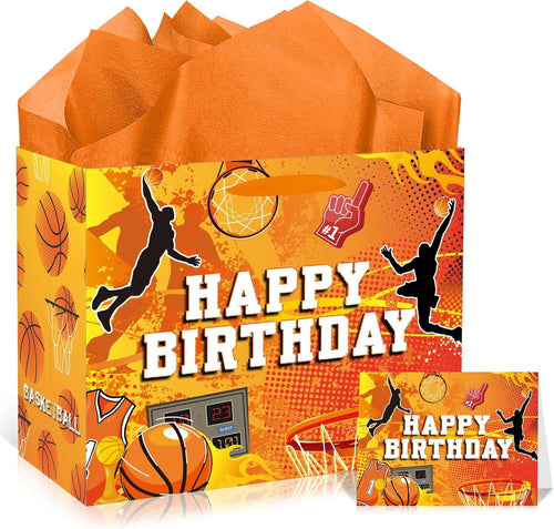 SolarGlory Orange Basketball Gift Bag Large with Handles Tissue Paper Card by Deal US