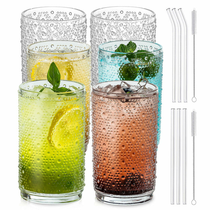 KEMORELA 6PCS Hobnail Old-Fashioned Glasses Set 15oz with Reusable Straws by Deal US