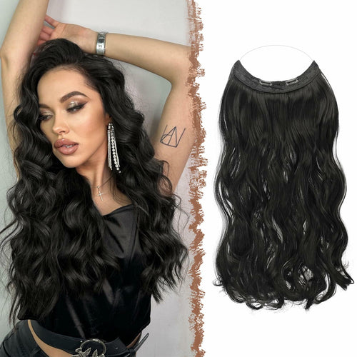 FESHFEN Invisible Wire Hair Extensions 20" Long Wavy Synthetic Black by Deal US