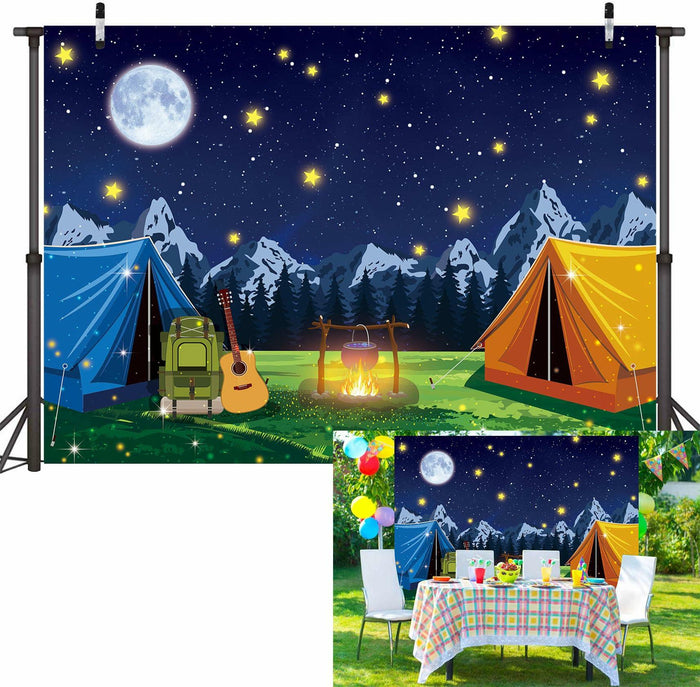 PGSWEER Camping Backdrop 7x5FT Blue Crepe Paper Campfire Mountain Banner by Deal US
