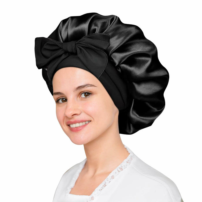 LuxeTress Black Satin Hair Bonnet Double-Layered Adjustable Black by Deal US