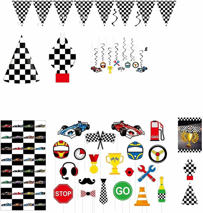 Race Car Party Supplies Set for 30 Kids Hats Bags Banners Swirls Backdrop by Deal US