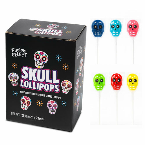 BestBy06/27 Fusion Select Sugar Skull Lollipops 24 Pc Colorful Halloween Candy by Deal US