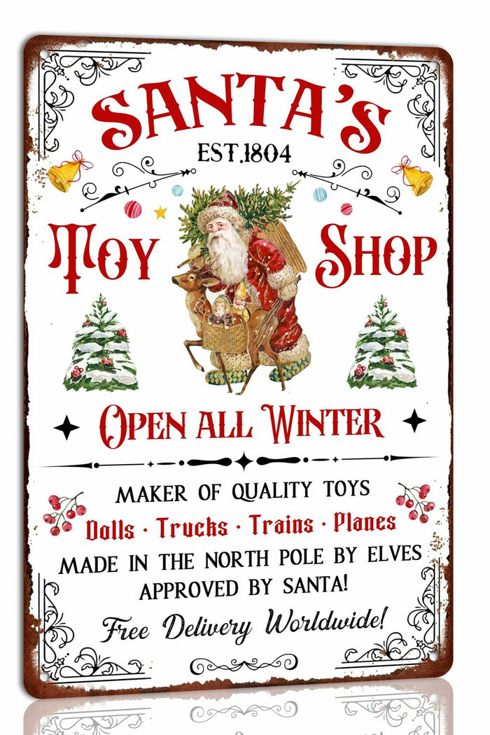 Tvdegse Santa's Toy Shop Metal Sign Retro Christmas Wall Decor 8x12 Inch by Deal US