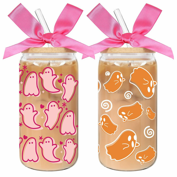 LeeSky 2 Pack Halloween Ghost Glass Tumblers 16Oz Pink Orange Lids Straws by Deal US