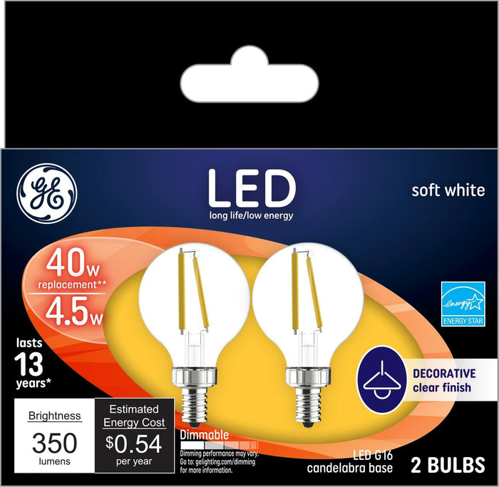 GE LED Globe Light Bulbs 4W 40W Equivalent Soft White Frosted Candelabra 2 Pack by Deal US