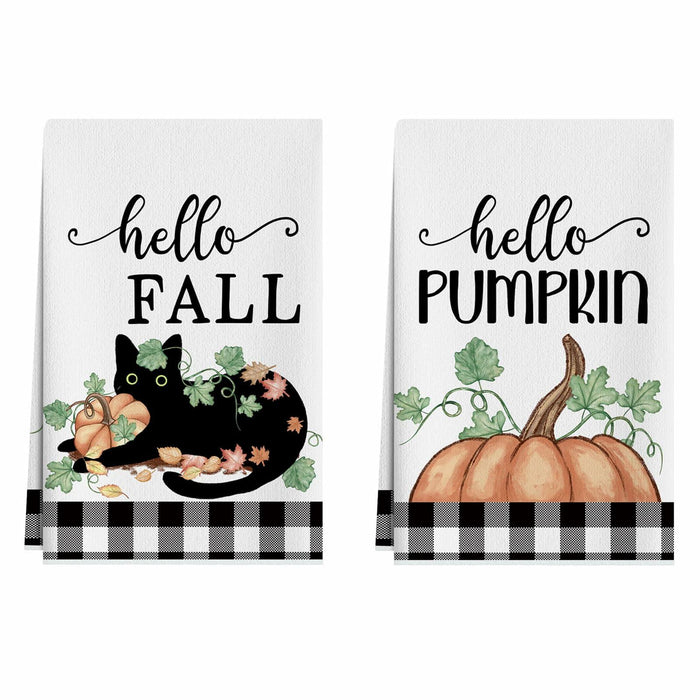 XCHI Fall Black Cat Pumpkin Plaid Kitchen Towels 18x26 Inch Set of 2 by Deal US
