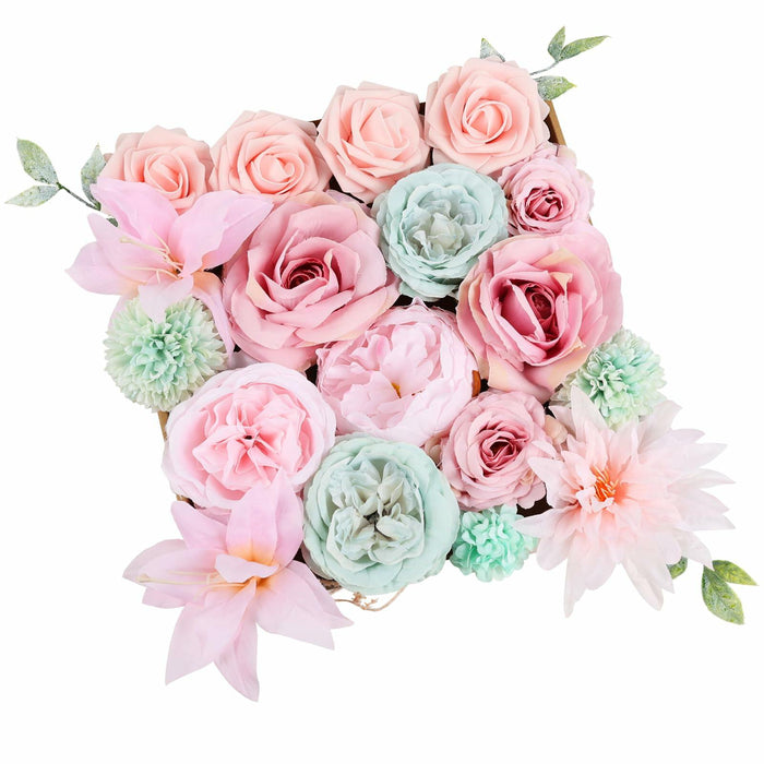 DEEMEI Artificial Pink Peach Silk Rose Peony Flowers Combo Box Set by Deal US