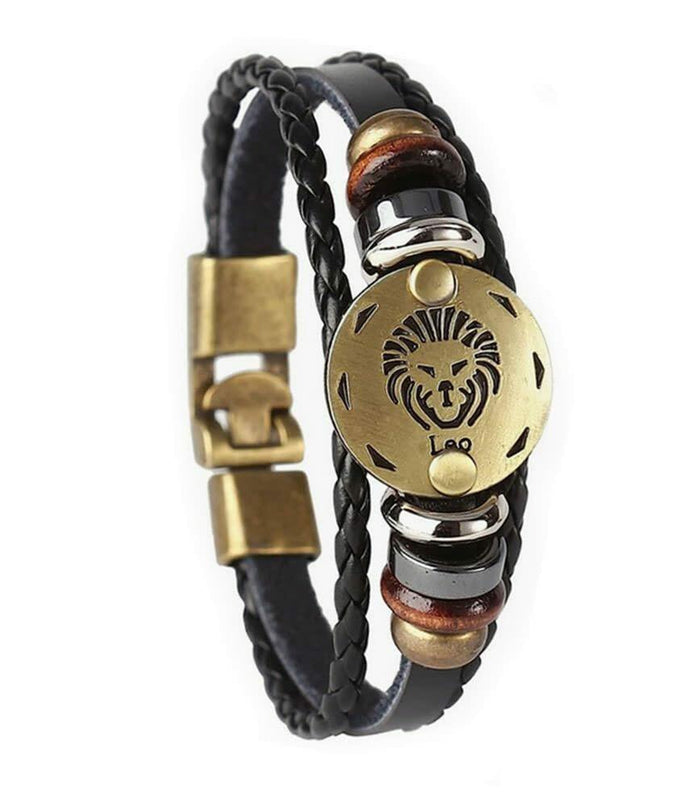 vmcoatdu Leo Zodiac Alloy Leather Braided Rope Bracelet 7.9in Brown by Deal US