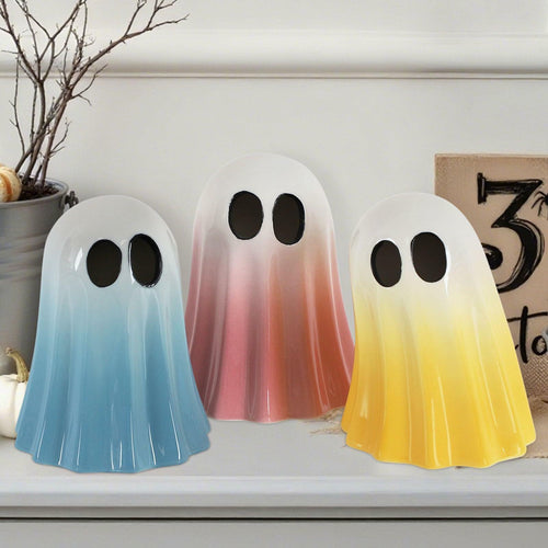 DAZONGE Halloween Ceramic Ghost Figurines Set of 3 Pink Yellow Blue Indoor by Deal US