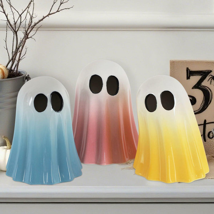 DAZONGE Halloween Ceramic Ghost Figurines Set of 3 Pink Yellow Blue Indoor by Deal US