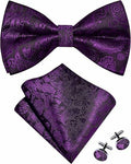 RBOCOTT Purple Paisley Bow Tie Pocket Square Lapel Pin Cufflinks Set by Deal US