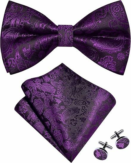 RBOCOTT Purple Paisley Bow Tie Pocket Square Lapel Pin Cufflinks Set by Deal US