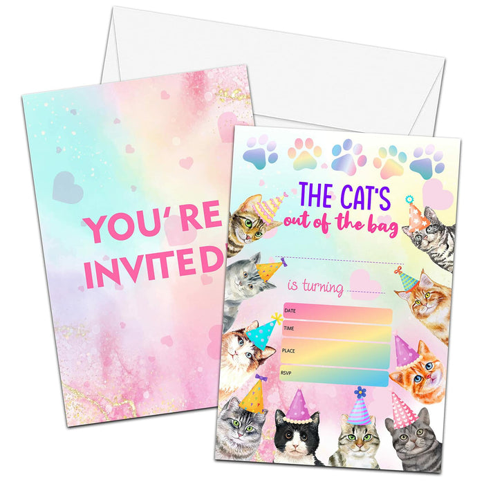 Preuf Cat Birthday Invitations 20 Cards + Envelopes Rainbow Paw-ty Double-Sided by Deal US