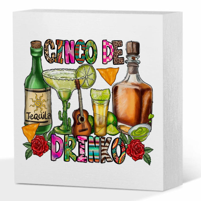 MIOOKISS Cinco De Mayo Rustic Mexican Wooden Box Sign 5x5 inch Cinco De Drinko by Deal US