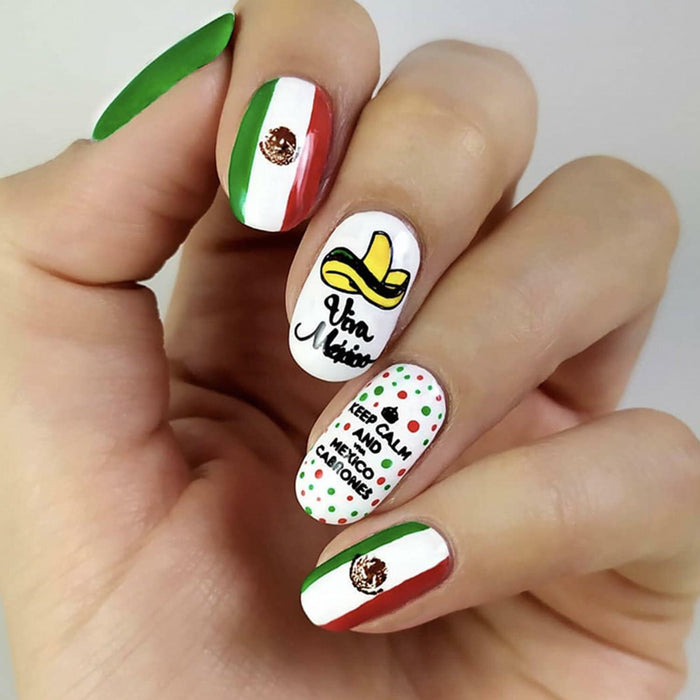 Mexican Press on Nails 24pcs Oval False Nails with Glue Flag Hat Design by Deal US