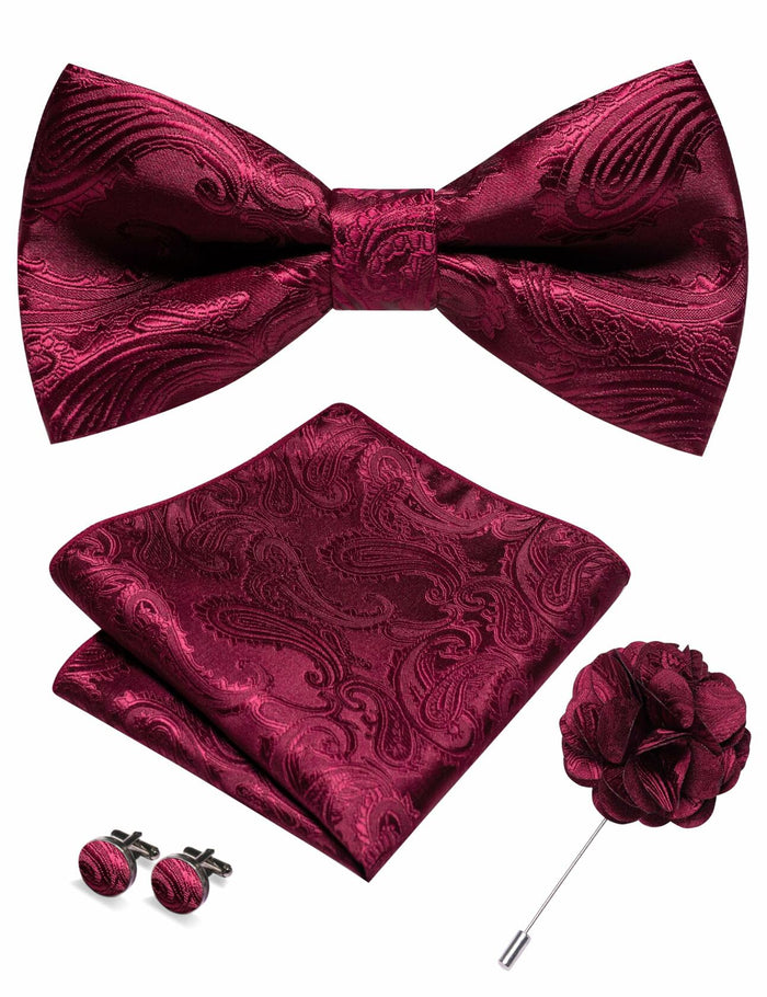 RBOCOTT Red Paisley Bow Tie Pocket Square Lapel Pin Cufflinks Set for Men by Deal US