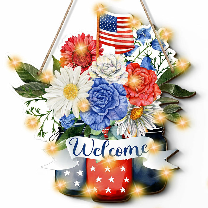 Wayyogh 4th of July Door Sign 11.4in Wooden Flag Flower Wreath Red Blue by Deal US