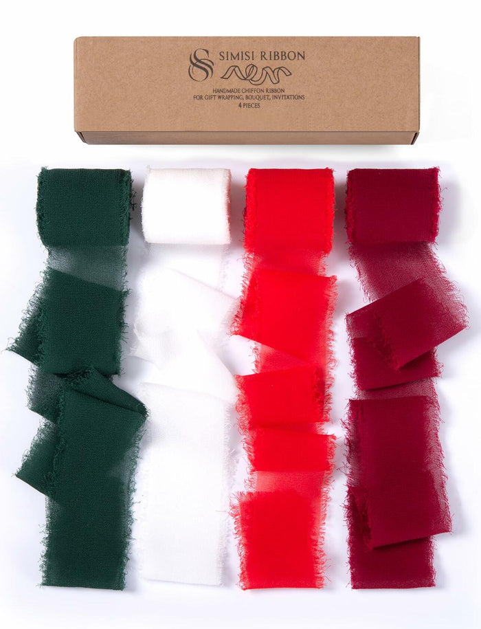 SIMISI RIBBON Christmas Chiffon Silk Ribbon 1.5'' 5 Yards x4 Rolls Green Red by Deal US