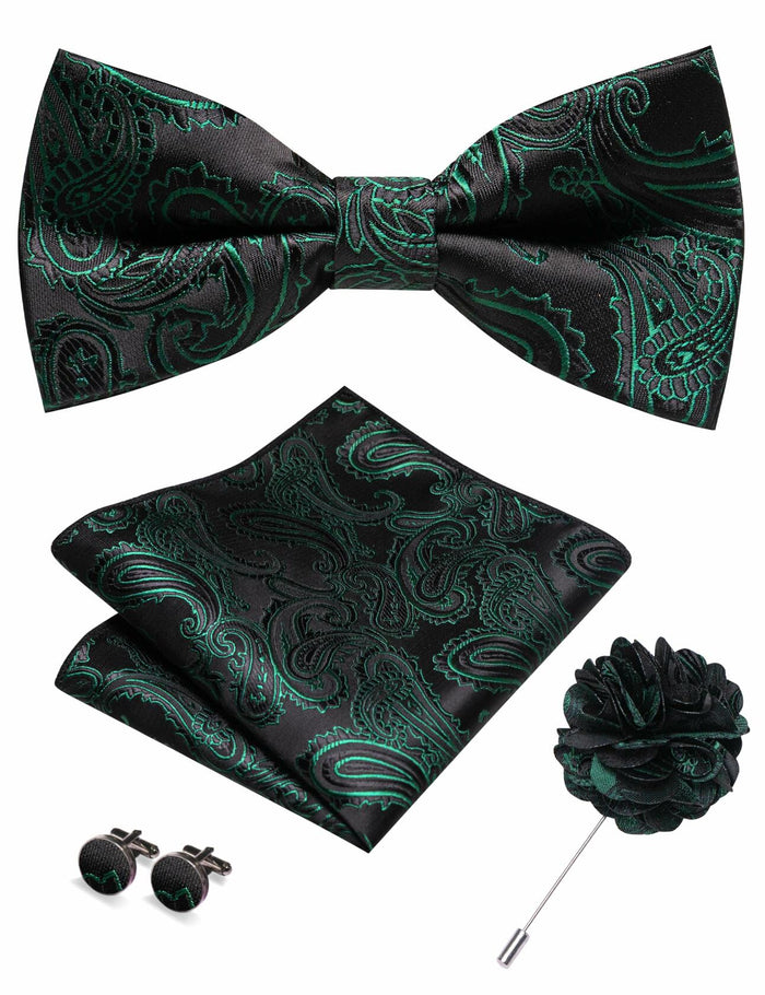 RBOCOTT Men’s Paisley Bow Tie Pocket Square Lapel Pin Cufflinks Set Green by Deal US