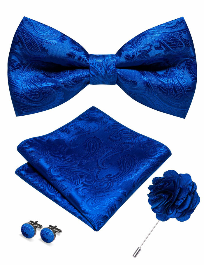 RBOCOTT Royal Blue Paisley Bow Tie Pocket Square Lapel Pin Cufflinks One Size by Deal US