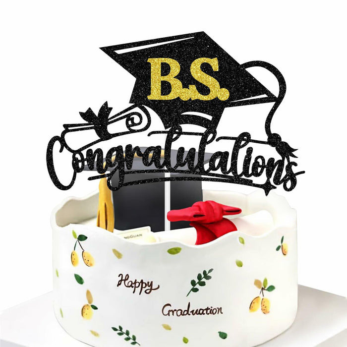 RLXPT Congrats Grad Cake Topper 2025 Black Gold Glitter B.S. Graduation by Deal US